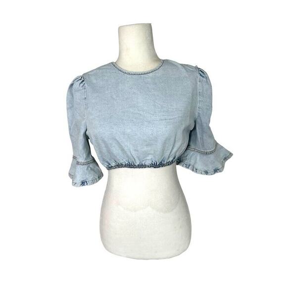WEWOREWHAT Cropped Denim Top Super Light Flare Cuff Sleeves Size Small S Stretch - Picture 3 of 12